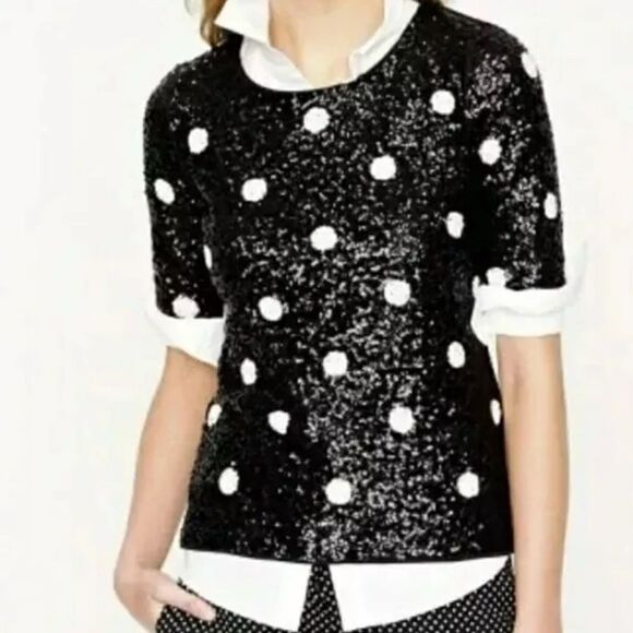 J. Crew XXS 100% Cotton Sequin Polka Dot Short Sleeve Top Party Blouse NWT Black - Picture 1 of 15